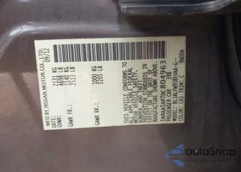 2013 Nissan Maxima 3.5 Sv z USA, uszkodzony, nr VIN 1N4AA5AP7DC804963